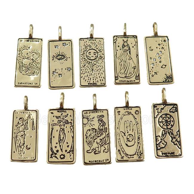 copper tarot card pendant, mixed charms, gold plated