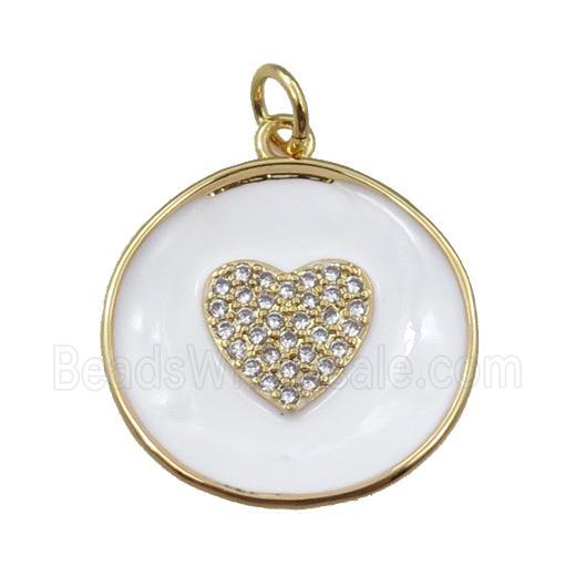 copper circle pendant pave zircon with white enameled, heart, gold plated