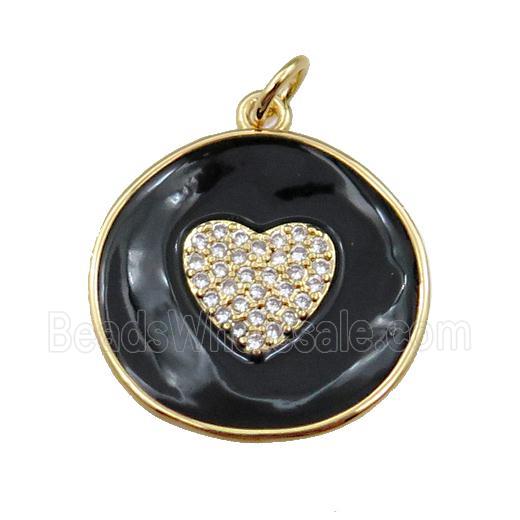 copper circle pendant pave zircon with black enameled, heart, gold plated
