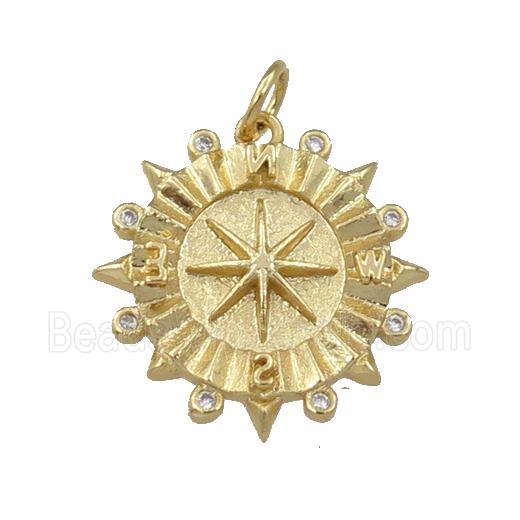 copper compass pendant pave zircon, gold plated