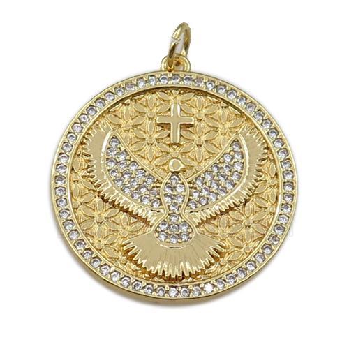 copper circle pendant pave zircon, eagle, gold plated
