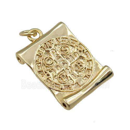 copper book pendant, anglican cross, gold plated