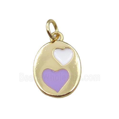 copper oval pendant with heart, enamel, gold plated