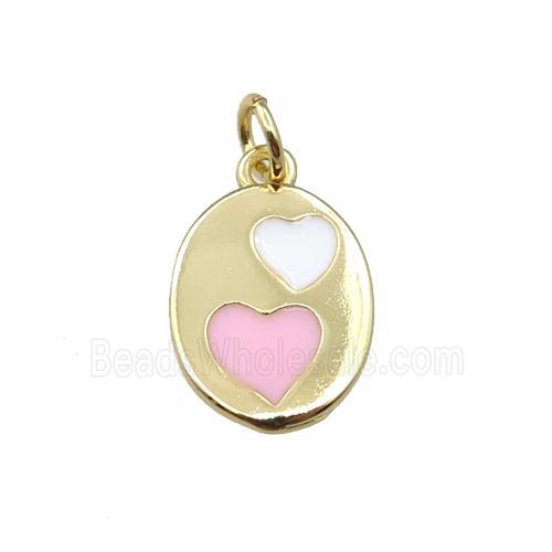 copper oval pendant with heart, enamel, gold plated