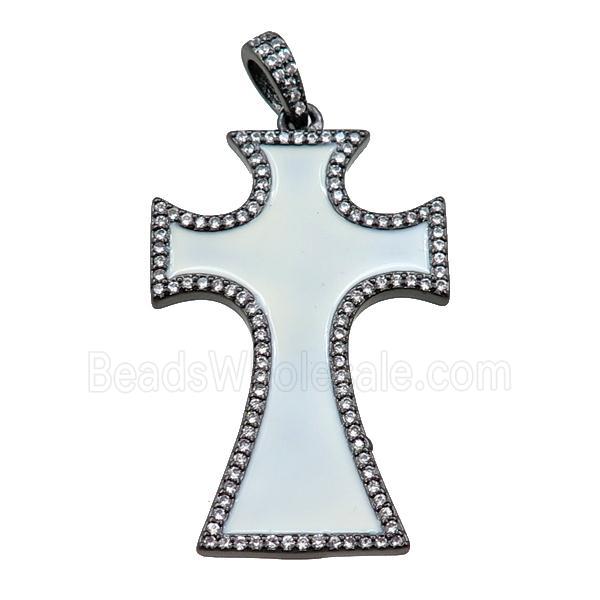 copper cross pendant pave zircon with white enameled, black plated