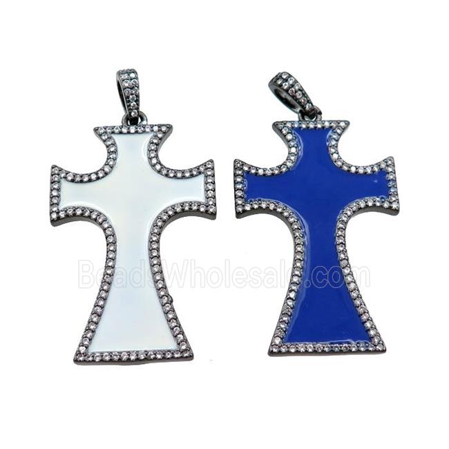 copper cross pendant pave zircon with enameled, mixed, black plated