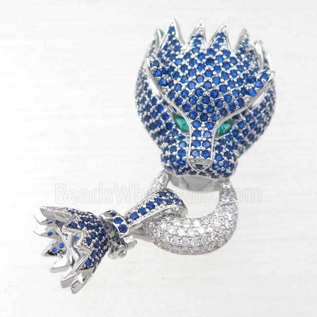 copper clasp pave blue zircon, lion, platinum plated