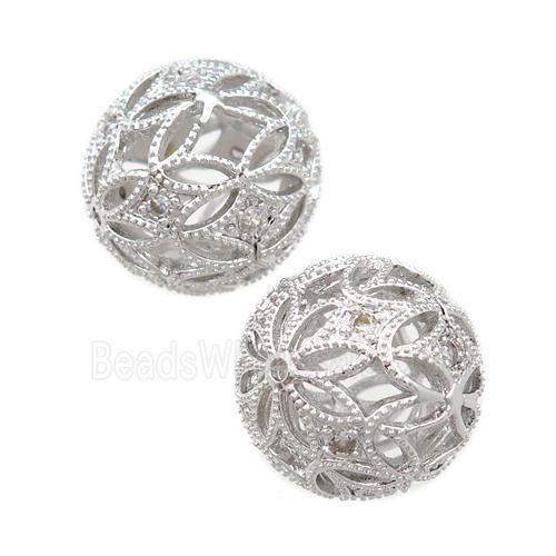 copper round beads pave zircon, hollow, platinum plated