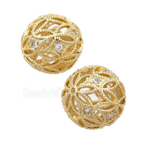 copper round beads pave zircon, hollow, gold plated