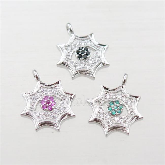 copper cobweb pendant pave zircon, eye, platinum plated, mix