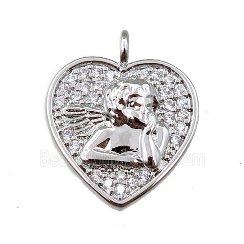 copper heart pendant pave zircon, angel, platinum plated