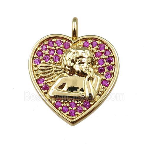 copper heart pendant pave zircon, angel, gold plated