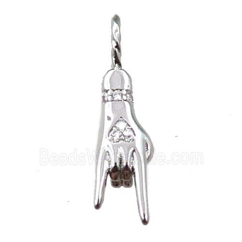 copper hand pendant pave zircon, platinum plated