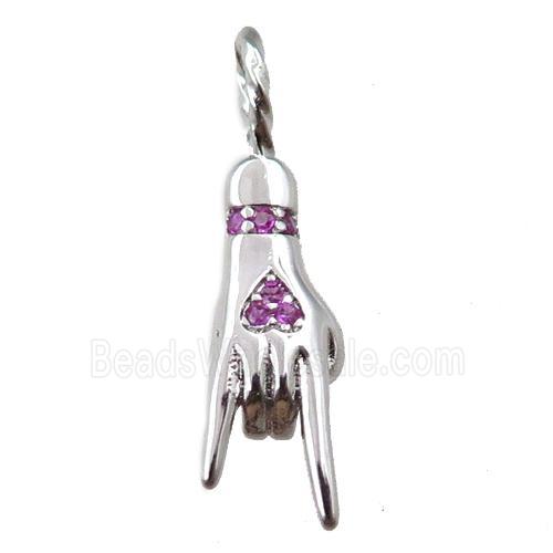copper hand pendant pave zircon, platinum plated