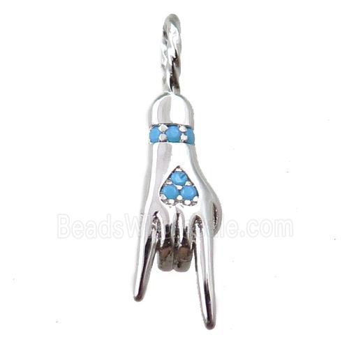 copper hand pendant pave zircon, Rock On Sign Charm, platinum plated