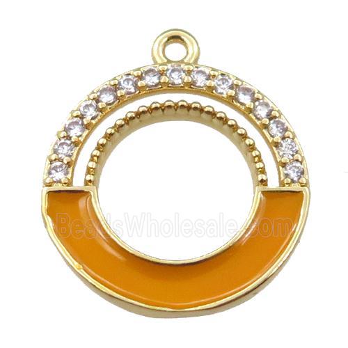 copper circle pendant pave zircon with orange enameled, gold plated