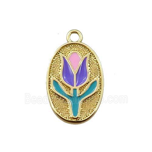 copper lotus pendant, oval, enameling, gold plated