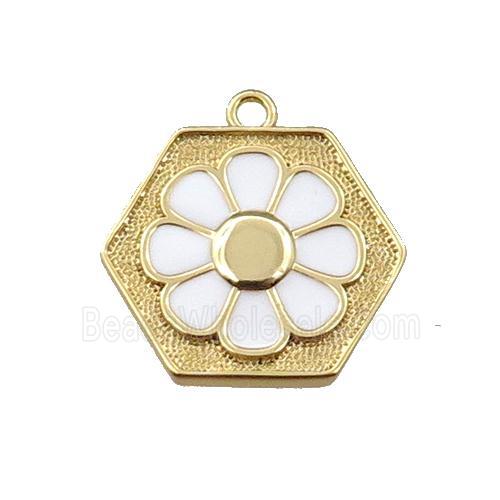 copper daisy pendant, hexagon, white enameling, gold plated