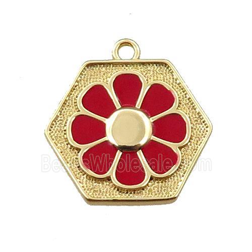 copper daisy pendant, hexagon, red enameling, gold plated