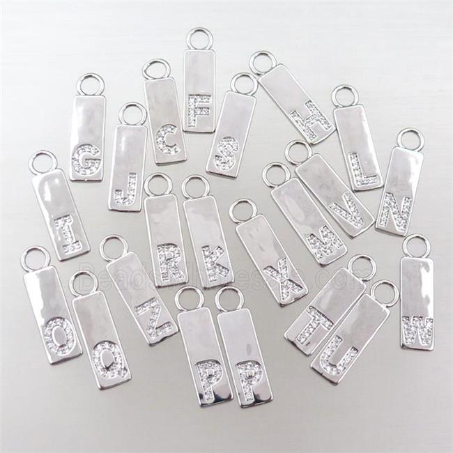 copper rectangle pendant pave zircon, letter, platinum plated, mix