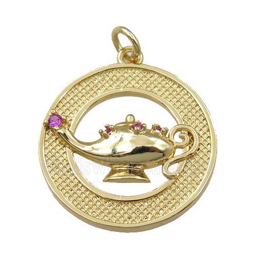 copper circle pendant with Aladdin lamp, gold plated