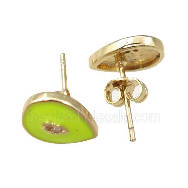 copper Stud Earring with olive enameled, teardrop, gold plated
