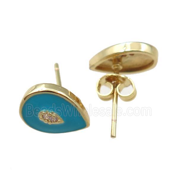 copper Stud Earring with blue enameled, teardrop, gold plated