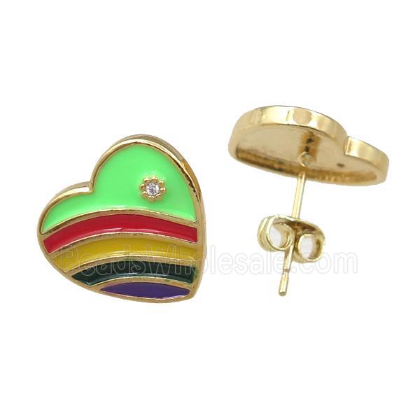 copper Stud Earring with enameled, heart, gold plated