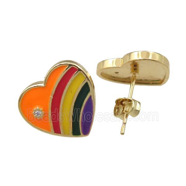 copper Stud Earring with enameled, heart, gold plated