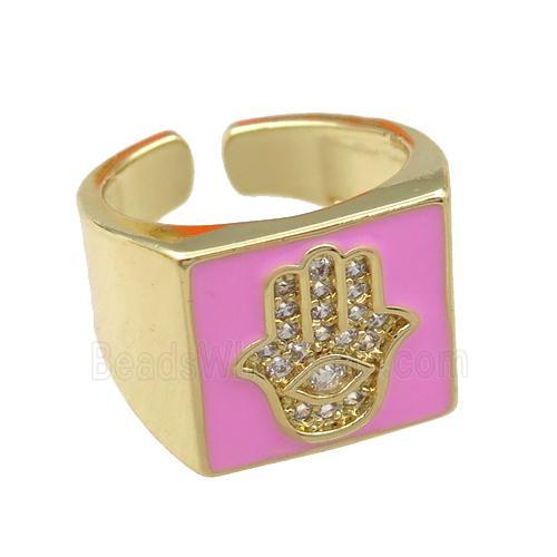 copper Rings with pink enameled, hamsahand, adjustable, gold plated