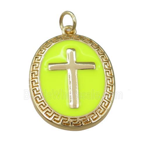 copper oval pendant with yellow enameled, cross, gold plated