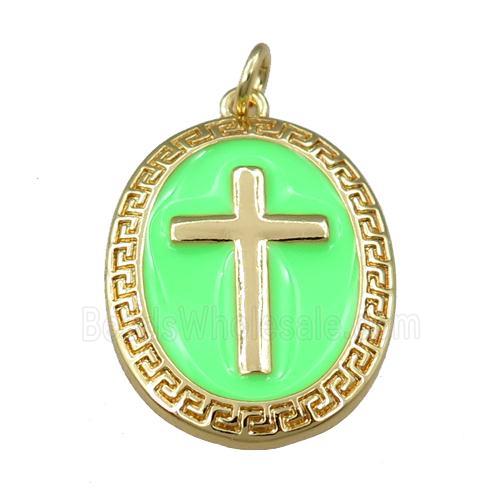 copper oval pendant with green enameled, cross, gold plated