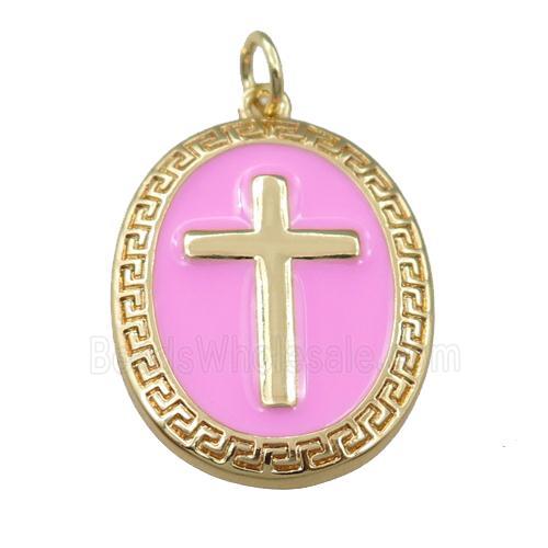 copper oval pendant with pink enameled, cross, gold plated