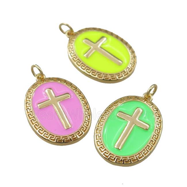 copper oval pendant with enameled, cross, gold plated, mix