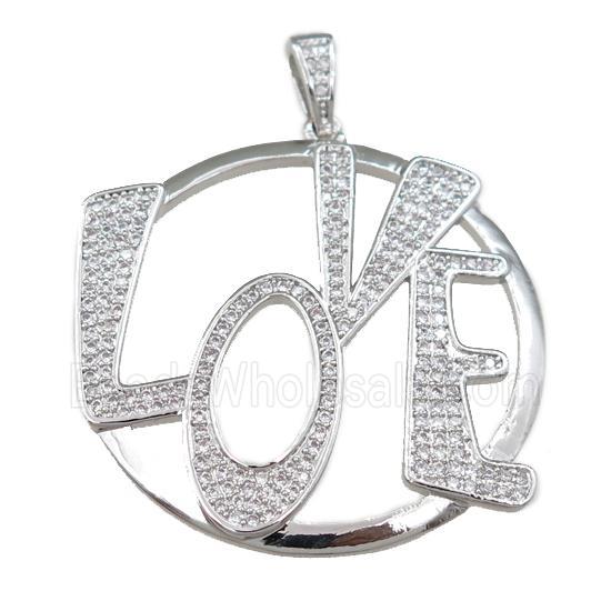 copper LOVE pendant pave zircon, platinum plated