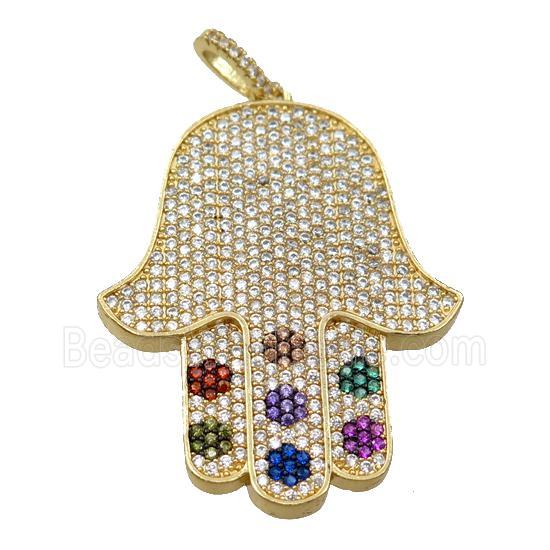 copper hamsahand pendant pave zircon, gold plated