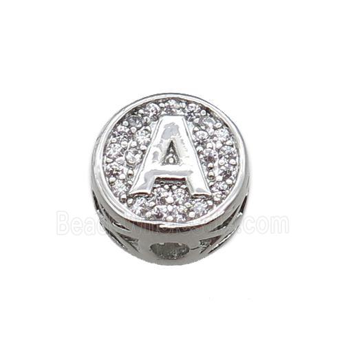copper beads pave zircon, letter, platinum plated