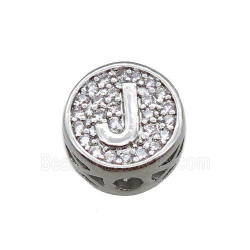 copper beads pave zircon, letter, platinum plated