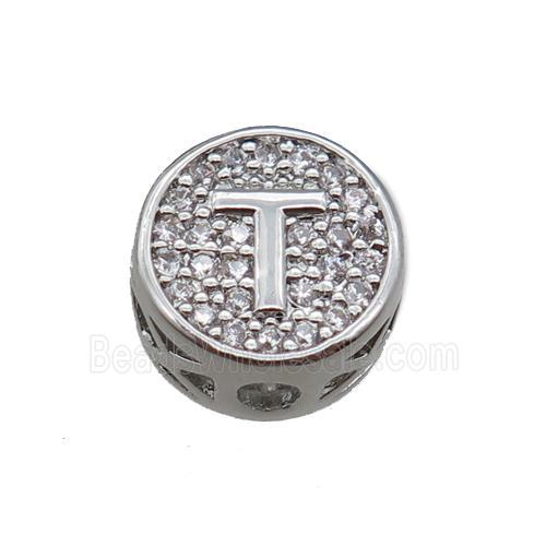 copper beads pave zircon, letter, platinum plated