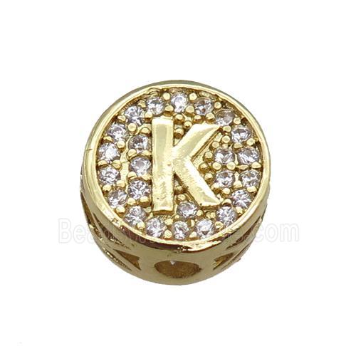 copper beads pave zircon, letter, gold plated