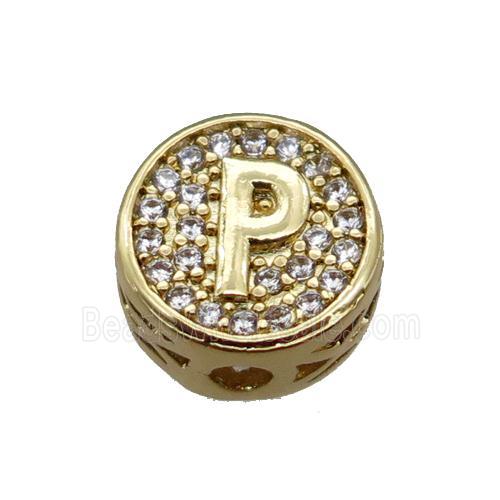 copper beads pave zircon, letter, gold plated
