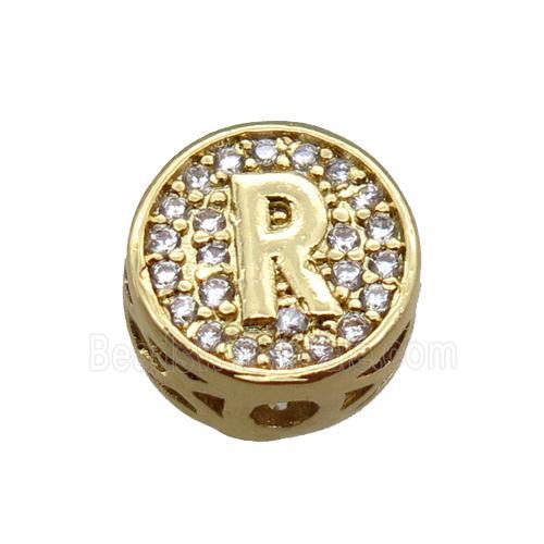 copper beads pave zircon, letter, gold plated