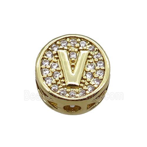 copper beads pave zircon, letter, gold plated