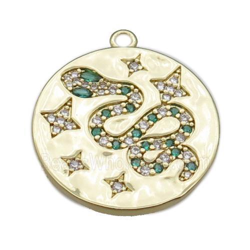 copper circle pendant pave zircon with snake, gold plated