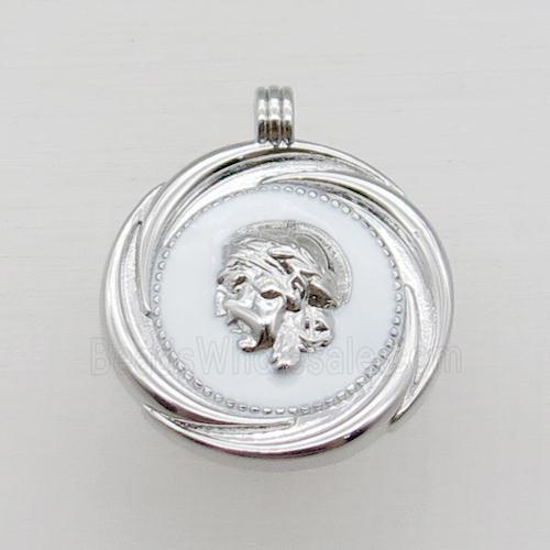 copper circle pendant, people, enameled, platinum plated