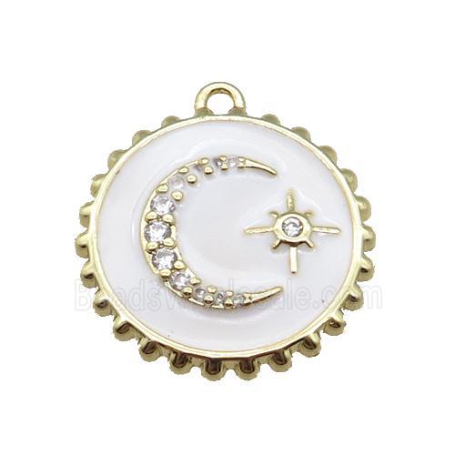 copper circle pendant with moon, enameled, gold plated