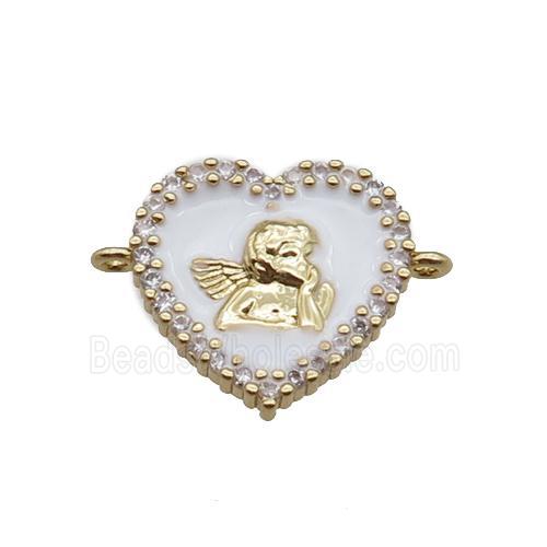 copper heart connector with angel, enameled, gold plated