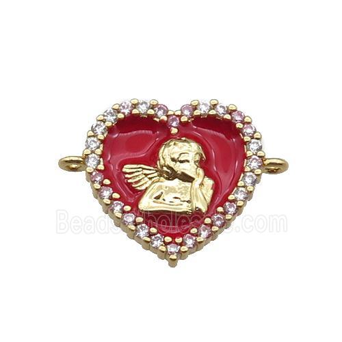 copper heart connector with angel, red enameled, gold plated