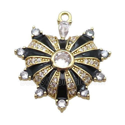 copper heart pendant pave zircon, black enameled, gold plated