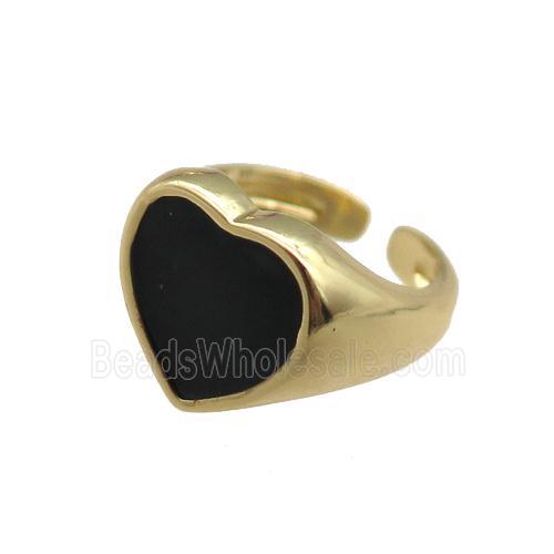 Copper Rings with black enameled heart, adjustable, gold plated
